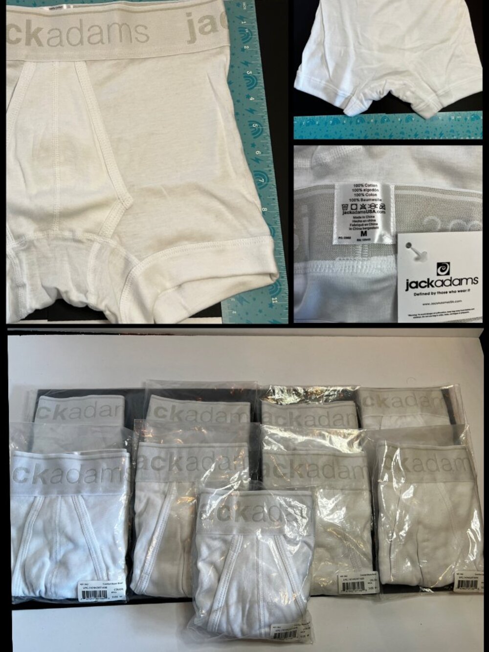 Jack Adams Men's Boxer Brief Bundle NWT 100% Cotton White Size M (9Pair)